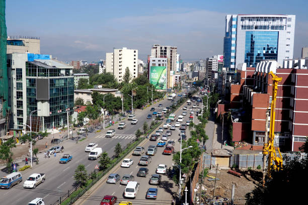 Addis Ababa, Ethiopia - 11 April 2019 : Busy street in the Ethiopian capital city of Addis Ababa. stock photo