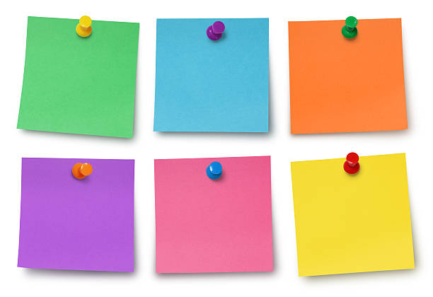 Adhesives Notes and Pushpins Colorful Adhesives Notes collection with pushpins - isolated on white (excluding the shadow) adhesive note stock pictures, royalty-free photos & images