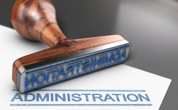 Administration rubber Stamp 3D illustration of a rubber stamp with the word administration printed in blue color on a sheet of paper public service stock pictures, royalty-free photos & images