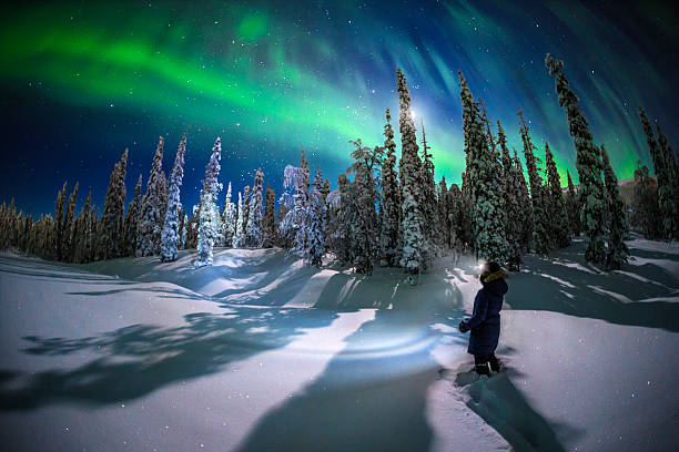 Admiration Hiker admiring northern lights finnish lapland stock pictures, royalty-free photos & images