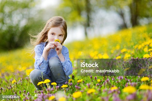 istock Adorable girl in blooming dandelion flowers 513583364
