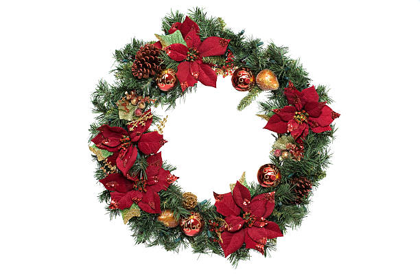 adorned christmas wreath with ornaments, on white, copy space - kerstkrans stockfoto's en -beelden