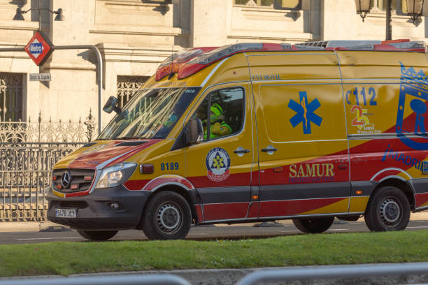 Advanced Life Support Unit, SAMUR-Civil Protection vehicle in Madrid Madrid, Spain - May 19, 2020: An Advanced Life Support Unit (USVA), part of the SAMUR-Civil Protection vehicle and ambulance park, as it passes through Calle Alcalá with Cibeles. public service stock pictures, royalty-free photos & images