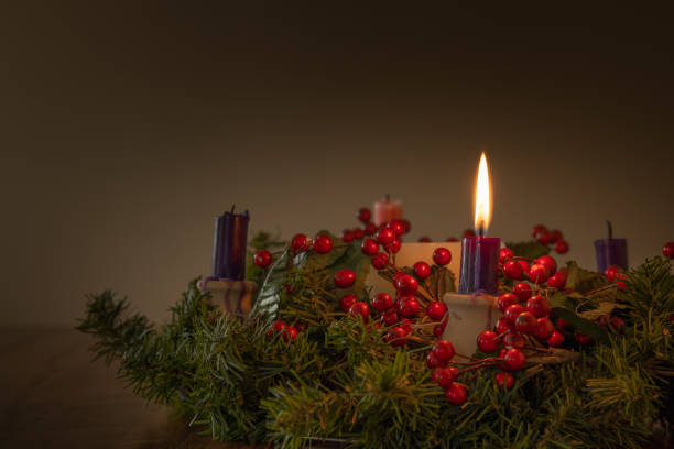 Advent wreath with one candle lit stock photo