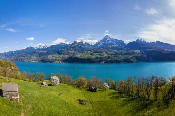 Aeiral panorama of Lake Walensee and the Alps peak Muertschenstock stock photo
