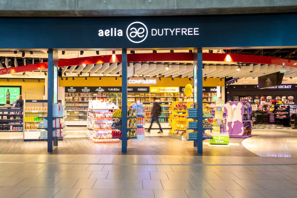 Aelia Duty Free shop inside the Saint Exupery International airport terminal. You can buy here a wide range of products including perfumes, make-up, skincare. stock photo