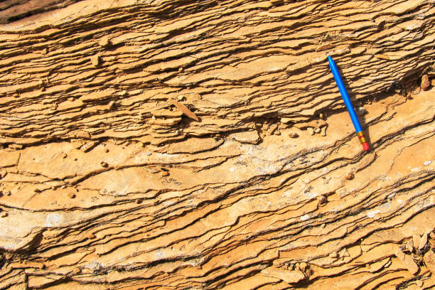 Aeolian Cross Bedding at the toe of an ancient dune Aeolian Cross Bedding at the toe of an ancient dune in the Entrada Sandstone, just outside Moab, Utah, with a pencil of about 12cm for scale entrada sandstone stock pictures, royalty-free photos & images