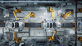 istock Aerial Car Factory 3D Concept: Automated Robot Arm Assembly Line Manufacturing Advanced High-Tech Green Energy Electric Vehicles. Construction, Building, Welding Industrial Production Conveyor 1352825159