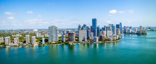 Aerial Drone Panoramic of Downtown Miami Aerial Photography Panoramic Shot of the Downtown Miami from Key Biscayne. south stock pictures, royalty-free photos & images