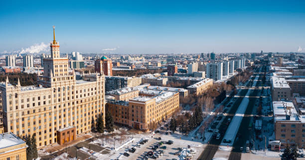 Aerial; drone panoramic view of Chelyabinsk snow cityscape stock photo