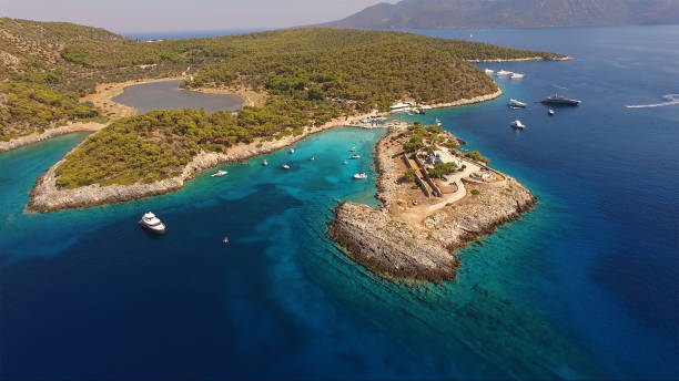 Aerial drone photo of Agistri island with clear water beaches, Saronic Gulf, Greece stock photo