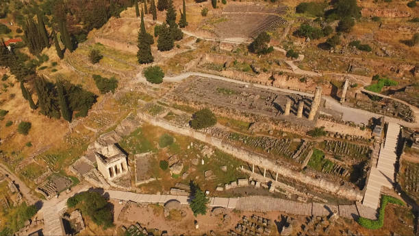 Aerial drone photo of archaeological site in Delphi, Voioitia, Greece stock photo