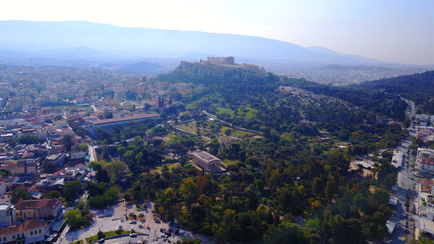 Aerial drone photo of archaeological site of Kerameikos, Athens histotric center, Attica, Greece stock photo