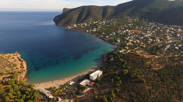 Aerial drone photo of Avlaki area with iconic beach and turquoise waters,  Porto Rafti, Mesogeia, Attica, Greece stock photo