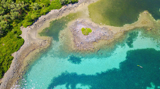 Aerial drone photo of Megali Strongili and Monolia islands exotic beaches with sapphire and turquoise clear waters, called the "Seychelles" of Greece, Lihadonisia island complex, North Evoia, Greece stock photo