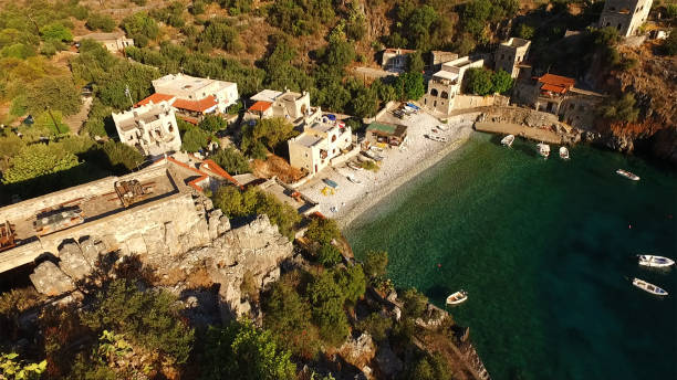 Aerial drone photo of village of Alipa with clear waters, Lakonia, Mani, South Peloponnese, Greece stock photo