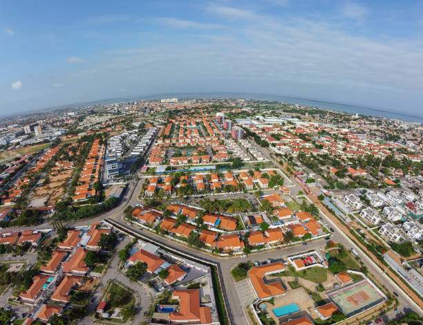 Aerial drone photography of Talatona city in Belas, residential area with condominiums with luxury houses and luxury office buildings, in the metropolitan area of Luanda in Angola stock photo