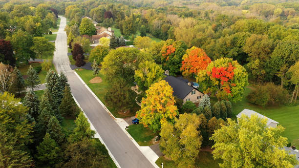 Aerial drone view of American suburban neighborhood. Establishing shot of America's  suburb. Residential single family houses pattern. Autumn Fall season Aerial drone view of American suburban neighborhood. Establishing shot of America's  suburb. Residential single family houses pattern. Autumn Fall season milwaukee shooting stock pictures, royalty-free photos & images