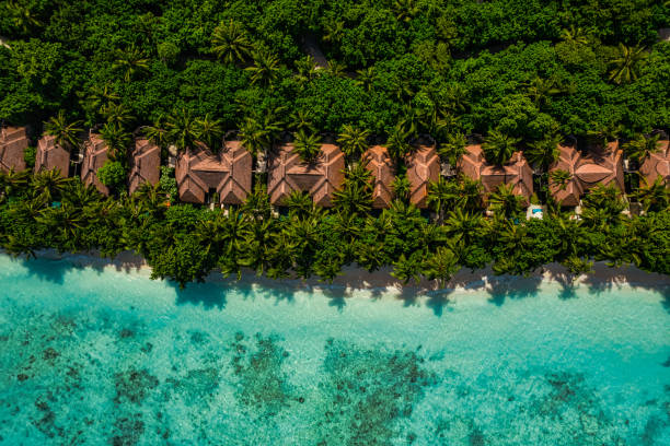 Aerial drone view of luxury resort in Maldives stock photo