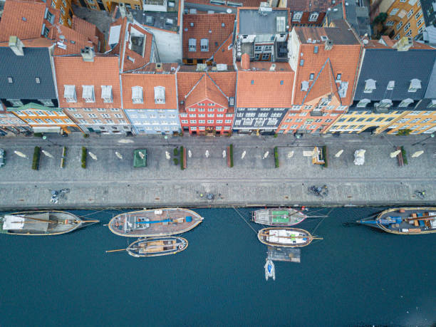 Aerial Drone View of Nyhavn in Copenhagen, Denmark stock photo