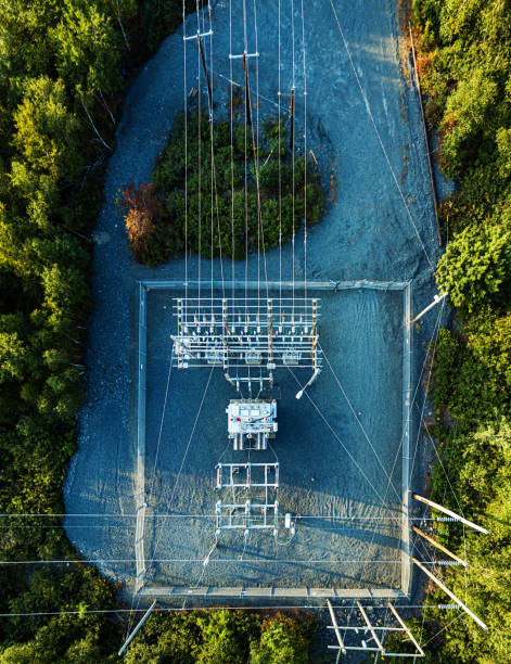 Aerial Drone View: Power Sub Station Aerial view of a high voltage sub station. electricity substation stock pictures, royalty-free photos & images