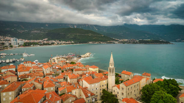 Aerial evening view of Budva old town stock photo