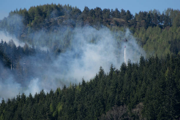 aerial brandweerlieden-helikopter druppel water om een bosbrand te onderscheiden - save water bucket stockfoto's en -beelden