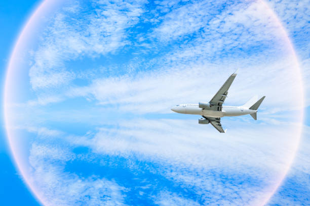 Aerial flying airplane and sky landscape close-up stock photo
