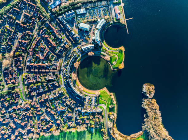 Aerial footage of as typical suburban housing estates in the British town of Milton Keynes stock photo