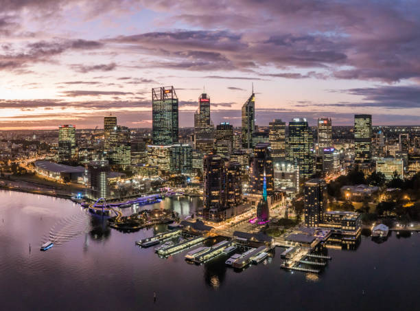Aerial high angle drone view of Perth's CBD skyline with Elizabeth Quay in the foreground. Many mining companies are headquartered in Perth. stock photo