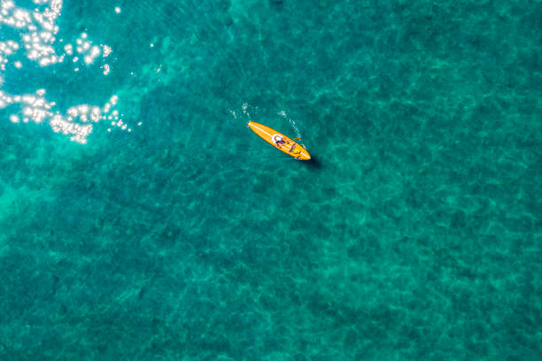 aerial image of kayak in lake tahoe in california - aerial boat imagens e fotografias de stock