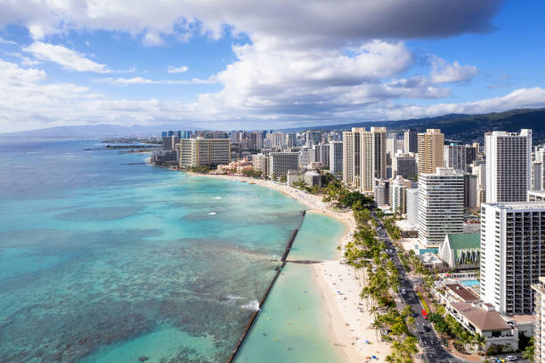 Aerial image of Waikiki Beach and its Hotels and Condominiums stock photo
