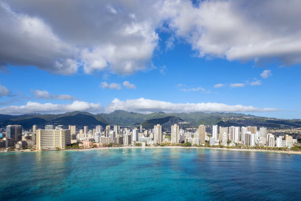 Aerial image of Waikiki Beach and its Hotels and Condominiums stock photo
