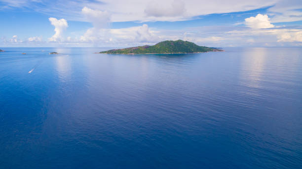 Aerial: Islands of the Seychelles in the Indian Ocean stock photo