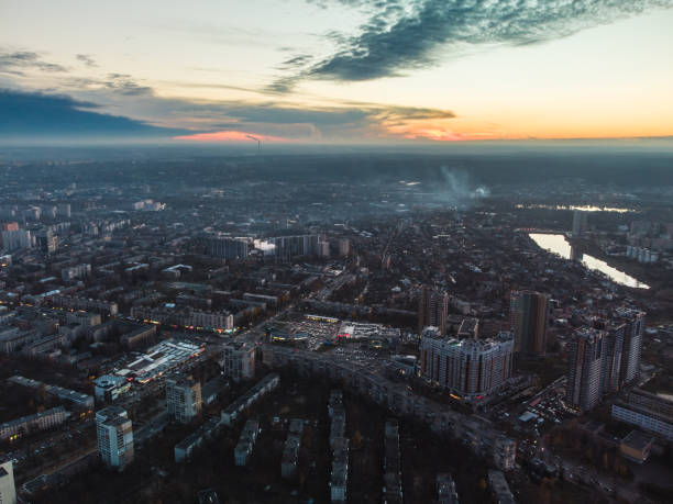 aerial kharkiv city center, epic sunset evening - kharkiv imagens e fotografias de stock