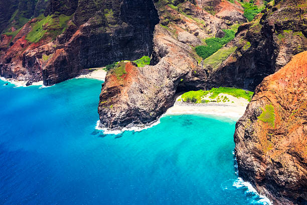 Aerial landscape view of Honopu Arch at Na Pali coastline stock photo