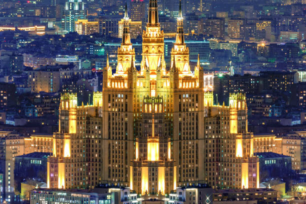 Aerial night view of illuminated stalinist skyscraper in Moscow stock photo