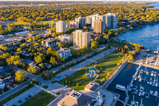 Aerial Oakville townscape and Bill Hill Promenade Park at the lakeside of Lake Ontario, Oakville, Canada stock photo