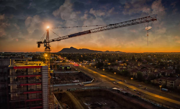 Aerial of crane sunset stock photo