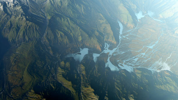 Aerial of foggy remote mountain landscape. Computer generated image. stock photo
