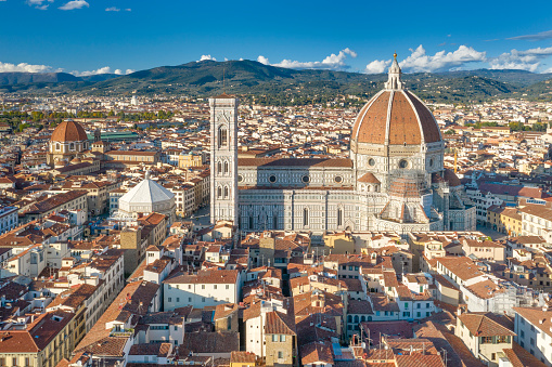 Aerial of the famous Cattedrale di Santa Maria del Fiore (Cathedral of Saint Mary of the Flower), Florence, Italy