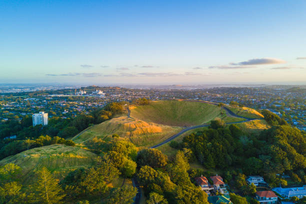 Aerial of the Mount Eden volcano in Auckland, Newzealand. stock photo