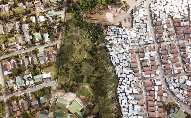 Aerial overhead township and suburban houses, South Africa stock photo