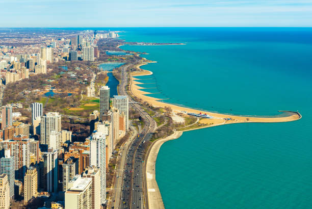 Aerial panorama of Chicago and Lake Michigan. North Avenue beach. Illinois, USA stock photo