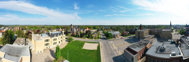 Aerial panorama of downtown Woodstock, Ontario, Canada An aerial panorama of downtown Woodstock, Ontario, Canada woodstock ontario stock pictures, royalty-free photos & images