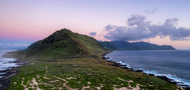 Aerial panorama of Kaena Point, the northwestern most point of Oahu, at sunset stock photo