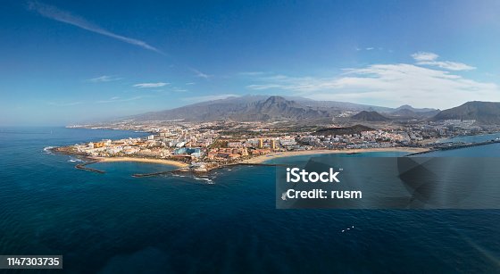 istock Aerial panorama of Los Cristianos resorts, Fuente Playa de las Vistas and Playa del Camison beach, Tenerife, Canary islands, Spain. 1147303735