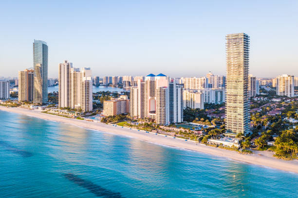 Aerial panorama of skyline at waterfront of South Florida Aerial panorama of skyline at waterfront of South Florida south stock pictures, royalty-free photos & images