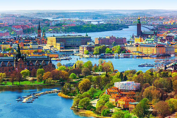 Aerial panorama of Stockholm, Sweden Scenic summer aerial panorama of the Old Town (Gamla Stan) architecture in Stockholm, Sweden sweden stock pictures, royalty-free photos & images