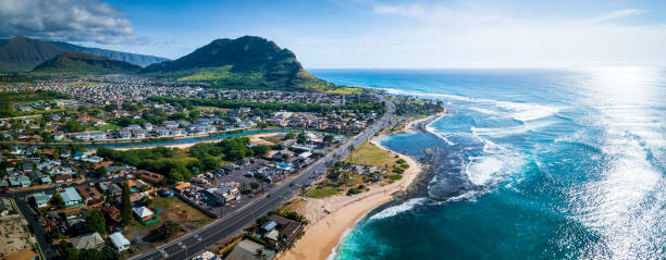 Aerial panorama of the west coast of Oahu island stock photo